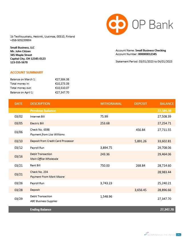 Download OP Bank company account statement Word and PDF template Photoshop template